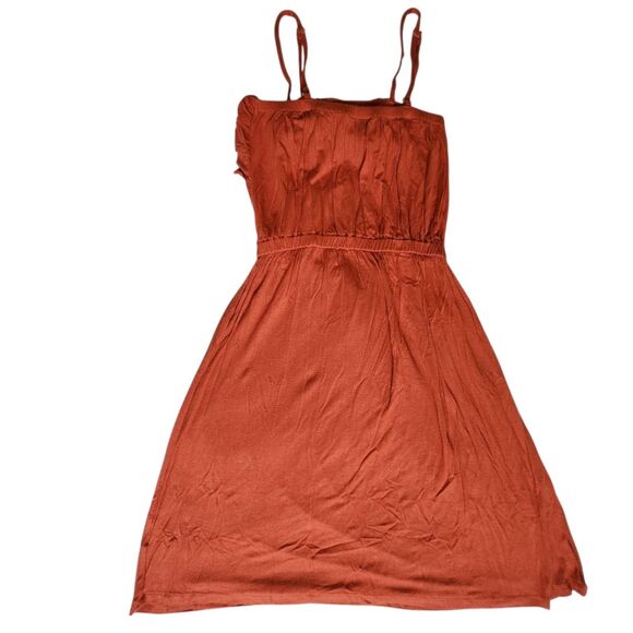 Pink Rose Rust Orange Ruffle Bust Drawstring Fit & Flare Mini Dress Sz M - Picture 2 of 12